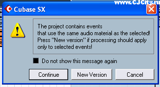 Рисунок 11 - Предупреждение при процессинге фрагмента в Steinberg Cubase SX 3